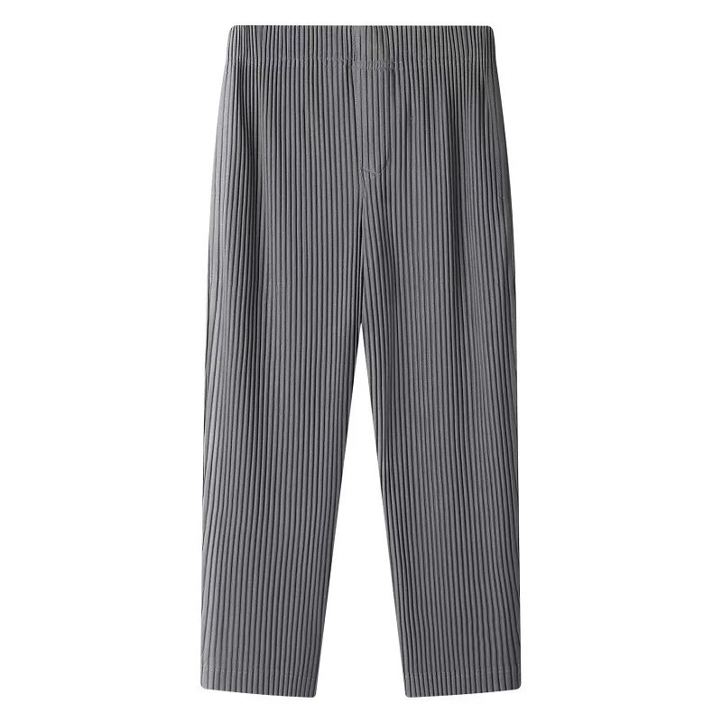 Miyake Pleated Straight Pants Men Clothing Black Pencil Cropped Pants Street Wears Men Japanese Style Ankle Length Pants